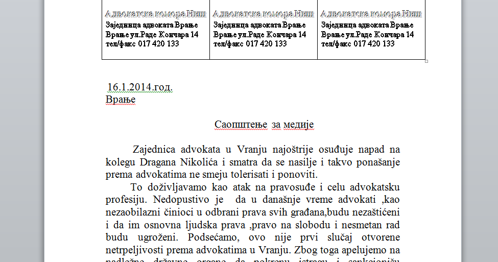 Zajednica advokata u Vranju osudila napad na Dragana Nikolića