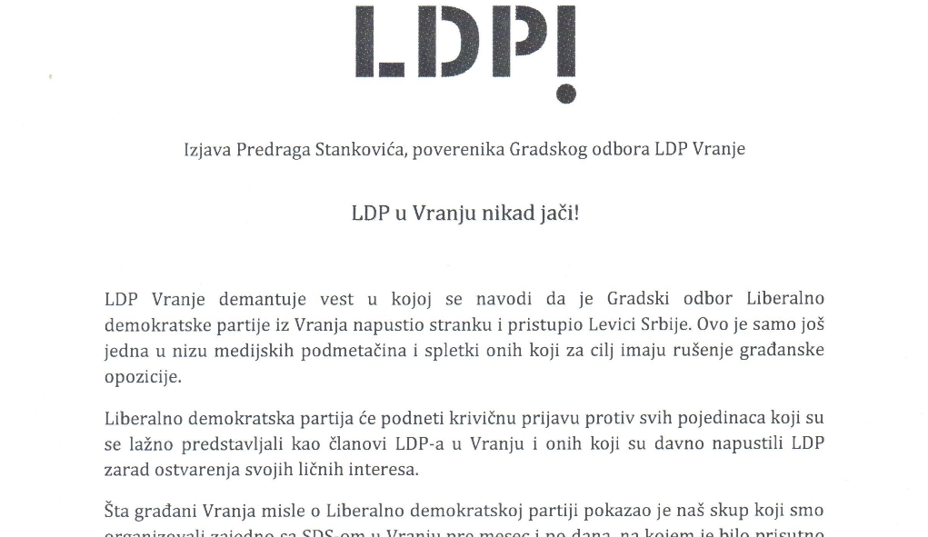 LDP demantuje svoje saopštenje?!