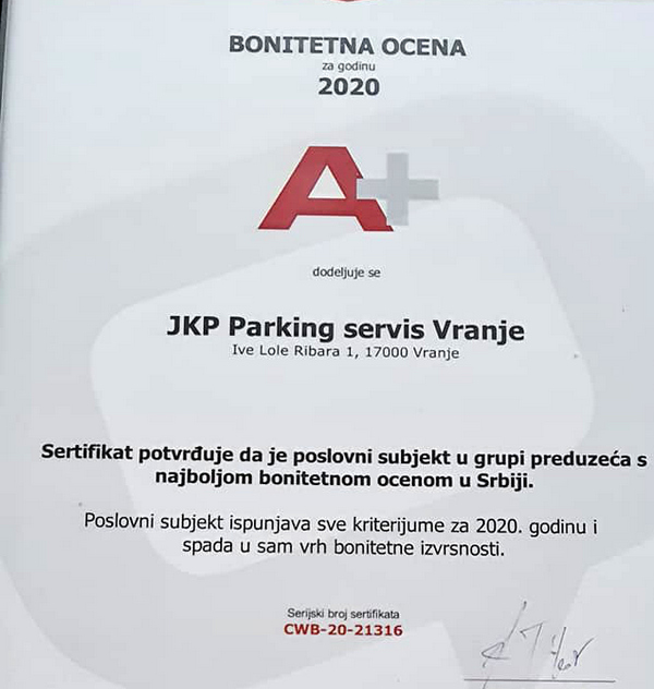 Sertifikat za bonitetnu izvrsnost „Parking servisu“