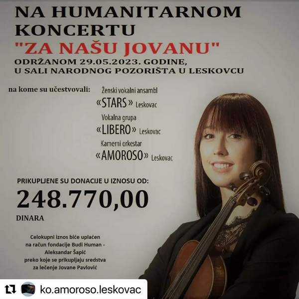 Na humanitarnom koncertu „Za našu Jovanu“ u Leskovcu prikupljeno 248.770 dinara