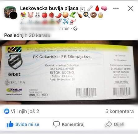 Leskovac: Tapkaroši preprodaju ulaznice po 30 evra za večerašnju utakmicu Čukarički-Olimpijakos