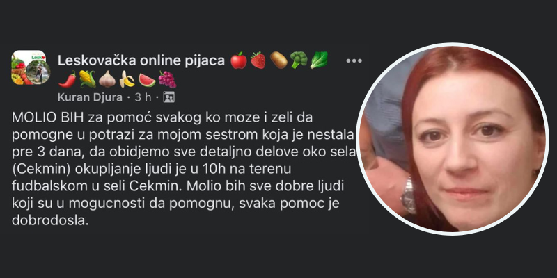 Meštani Čekmina kod Leskovca kreću u potragu za nestalom Saškom Jovanović (30)
