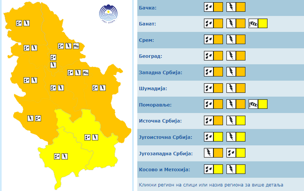 Novo upozerenje RHMZ: Obilne kiše u kratkom vremenskom periodu, grmljavine, mestimično grad