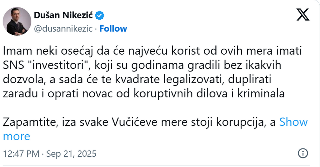 Nikezić: Najveću korist od Vučićevih mera za legalizaciju imaće SNS investitori, sad će jeftino da ozakone divlju gradnju