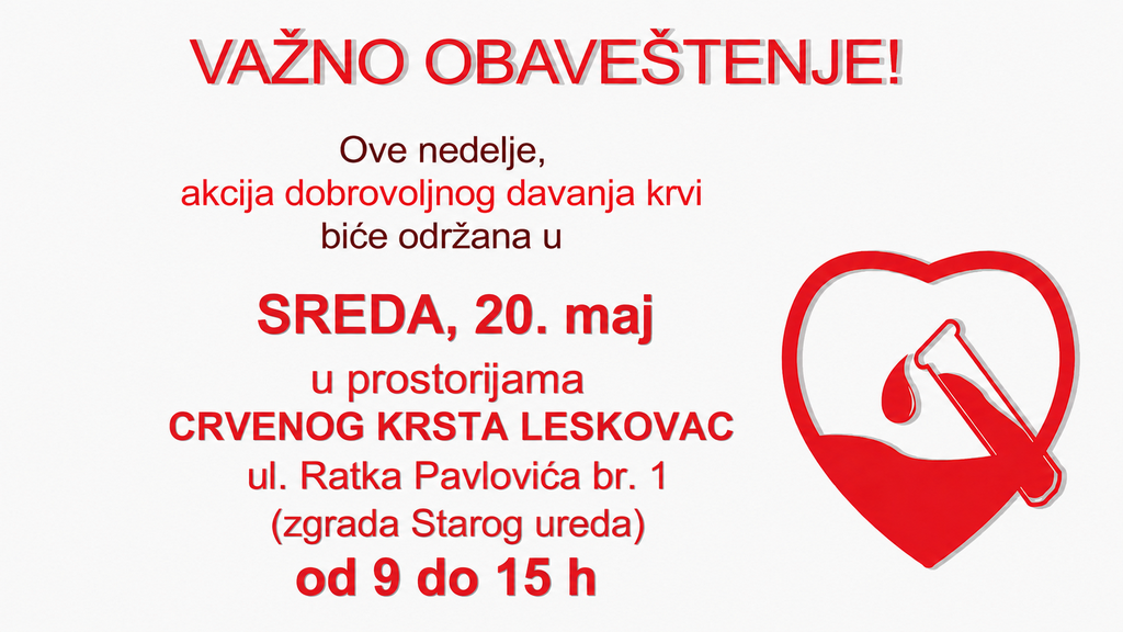 Dobrovoljno davanje krvi u Leskovcu 20. maja u prostorijama Crvenog krsta