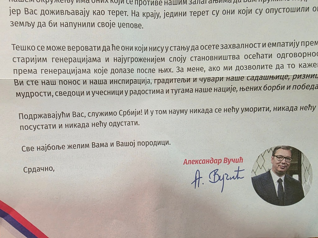 Vučić u pismu penzionerima: Vi ste naš ponos i naša inspiracija